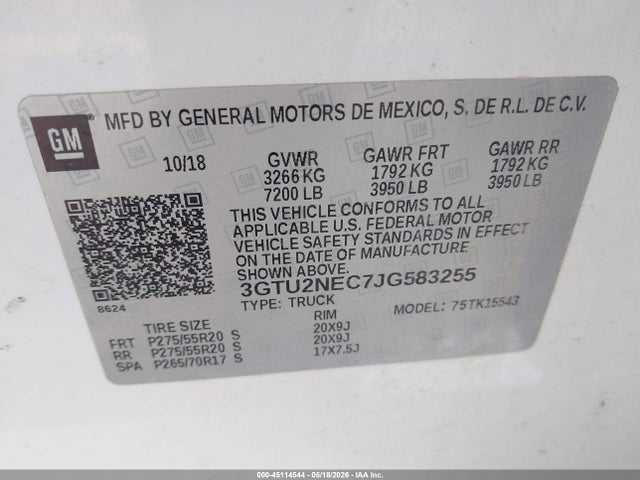 Aukcja sprzedaży 2018 Gmc Sierra 1500 Slt, vin: 3GTU2NEC7JG583255, numer aukcji: 45114544