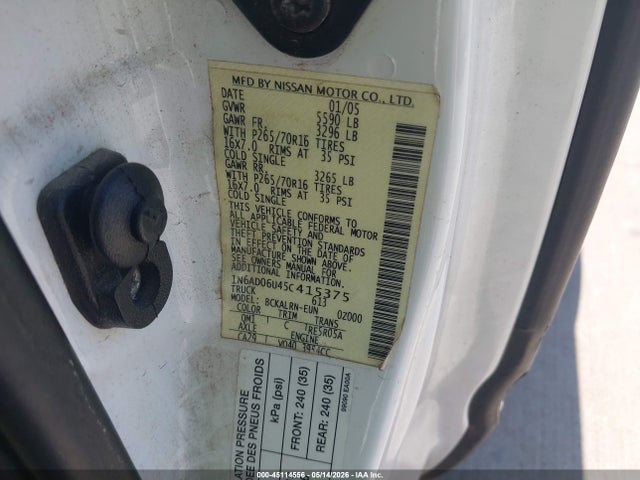 2005 Nissan Frontier Se მანქანა იყიდება აუქციონზე, vin: 1N6AD06U45C415375, აუქციონის ნომერი: 45114556