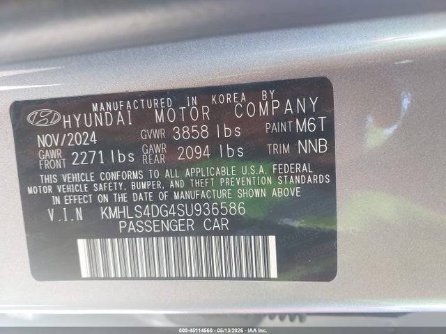 2025 Hyundai Elantra Sel Convenience მანქანა იყიდება აუქციონზე, vin: KMHLS4DG4SU936586, აუქციონის ნომერი: 45114560