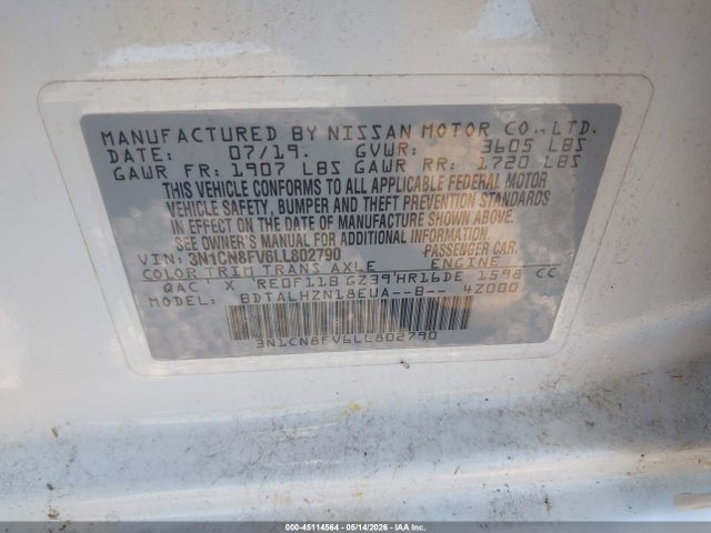 Aukcja sprzedaży 2020 Nissan Versa Sr Xtronic Cvt, vin: 3N1CN8FV6LL802790, numer aukcji: 45114564