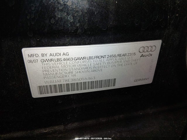 2008 Audi A4 2.0t მანქანა იყიდება აუქციონზე, vin: WAUAF78E38A055363, აუქციონის ნომერი: 45114570