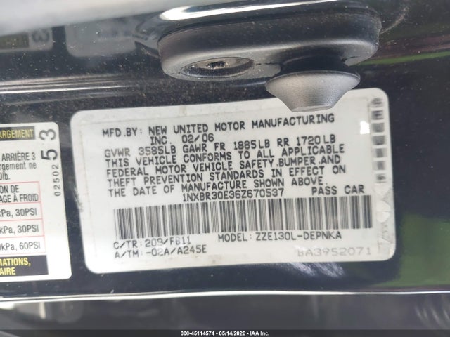 45114574 :رقم المزاد ، 1NXBR30E36Z670537 vin ، 2006 Toyota Corolla Le مزاد بيع