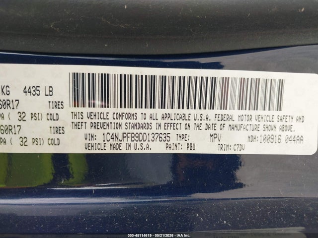 45114619 :رقم المزاد ، 1C4NJPFB9DD137635 vin ، 2013 Jeep Patriot Latitude مزاد بيع
