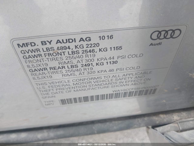 45114621 :رقم المزاد ، WA1GCCFS5HR009021 vin ، 2017 Audi Q3 2.0t Premium مزاد بيع