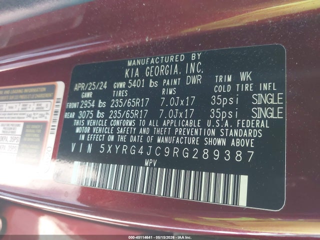 5XYRG4JC9RG289387 KIA SORENTO LX