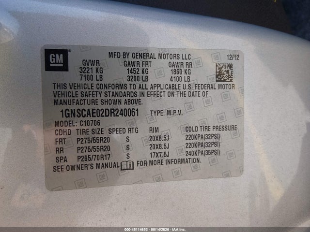 45114652 :رقم المزاد ، 1GNSCAE02DR240061 vin ، 2013 Chevrolet Tahoe Ls مزاد بيع