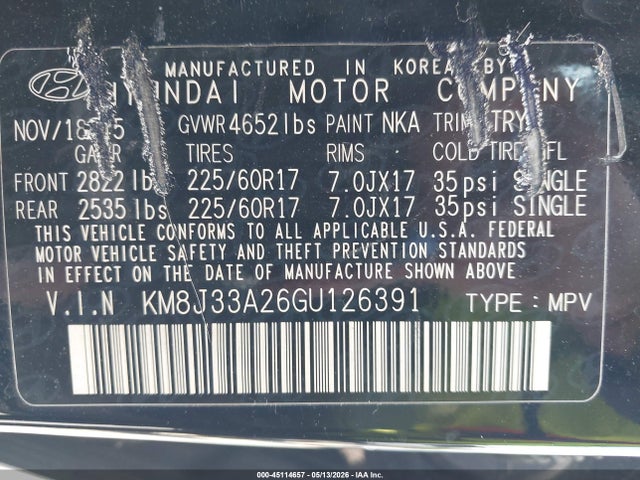 45114657 :رقم المزاد ، KM8J33A26GU126391 vin ، 2016 Hyundai Tucson Eco مزاد بيع