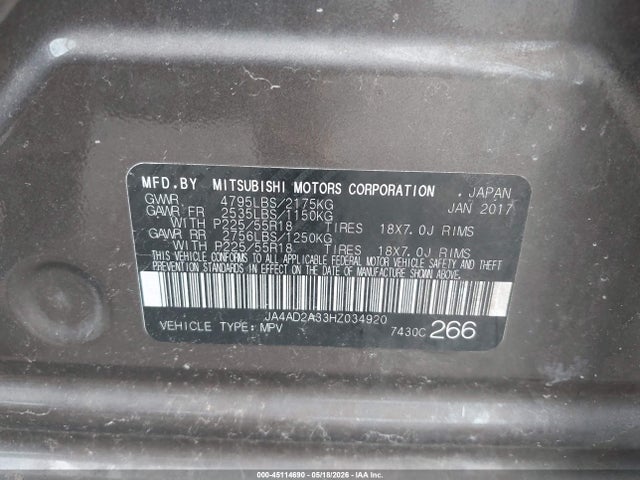 Aukcja sprzedaży 2017 Mitsubishi Outlander Es, vin: JA4AD2A33HZ034920, numer aukcji: 45114690