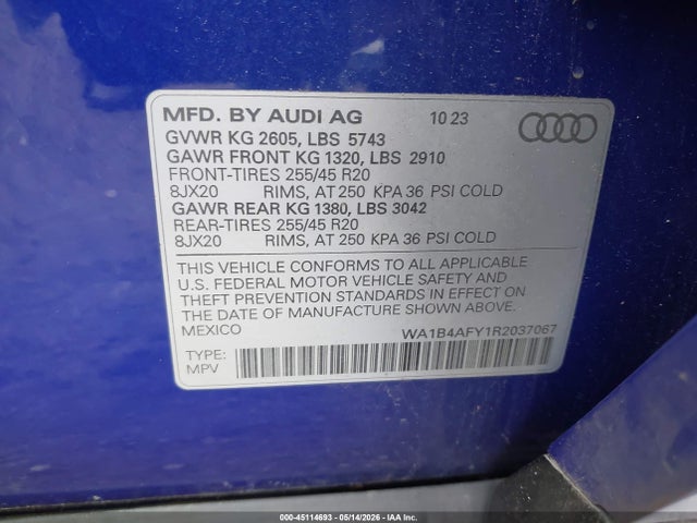 2024 Audi Sq5 Premium Plus Tfsi Quattro Tiptronic მანქანა იყიდება აუქციონზე, vin: WA1B4AFY1R2037067, აუქციონის ნომერი: 45114693