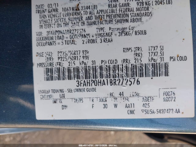 2011 Ford Fusion Se მანქანა იყიდება აუქციონზე, vin: 3FAHP0HA1BR272576, აუქციონის ნომერი: 45114701