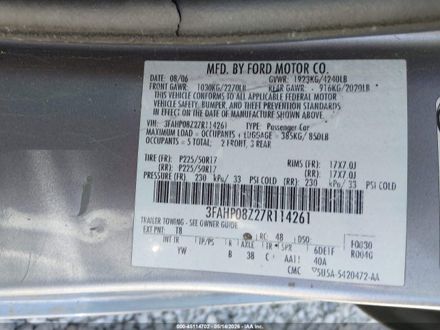 45114702 :رقم المزاد ، 3FAHP08Z27R114261 vin ، 2007 Ford Fusion Sel مزاد بيع