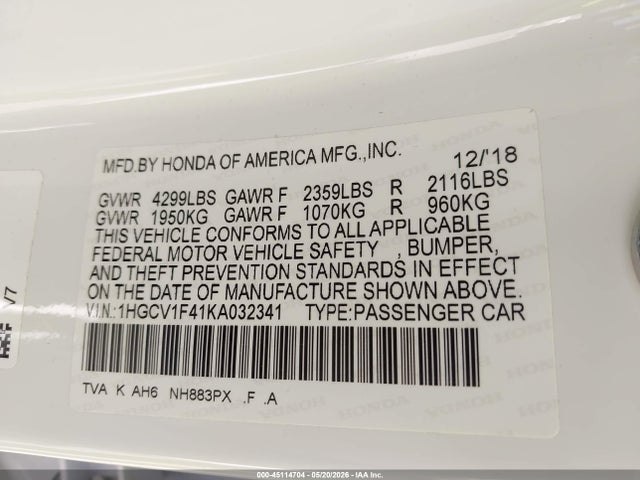 1HGCV1F41KA032341 Honda ACCORD EX