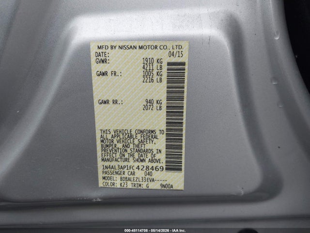 Aukcja sprzedaży 2015 Nissan Altima 2.5/2.5 S/2.5 Sl/2.5 Sv, vin: 1N4AL3AP1FC428469, numer aukcji: 45114708