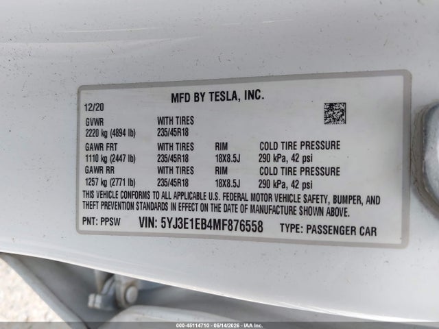 Продаж на аукціоні авто 2021 Tesla Model 3 Long Range, vin: 5YJ3E1EB4MF876558, номер лоту: 45114710