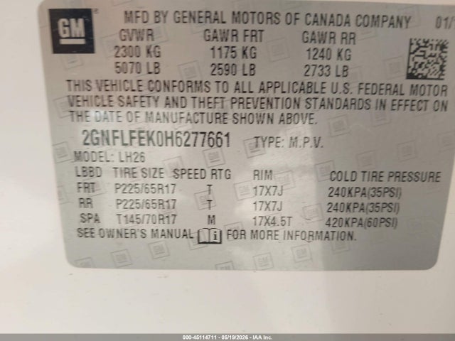 45114711 :رقم المزاد ، 2GNFLFEK0H6277661 vin ، 2017 Chevrolet Equinox Lt مزاد بيع