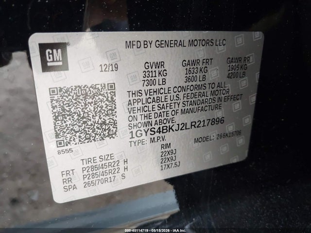 45114719 :رقم المزاد ، 1GYS4BKJ2LR217896 vin ، 2020 Cadillac Escalade 4wd Luxury مزاد بيع