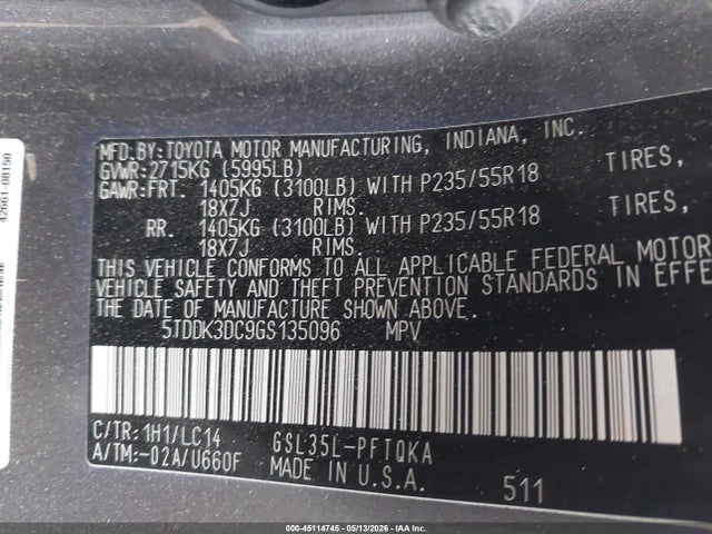Toyota SIENNA XLE 2016 5TDDK3DC9GS135096 Image 9