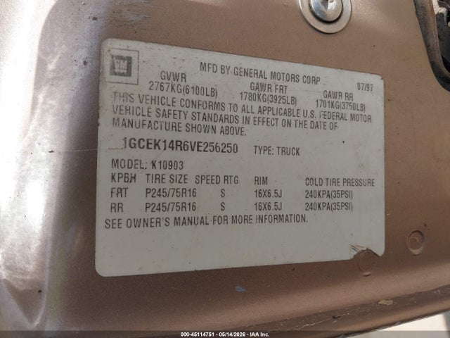 Продажа на аукционе авто 1997 Chevrolet K1500 Fleetside, vin: 1GCEK14R6VE256250, номер лота: 45114751