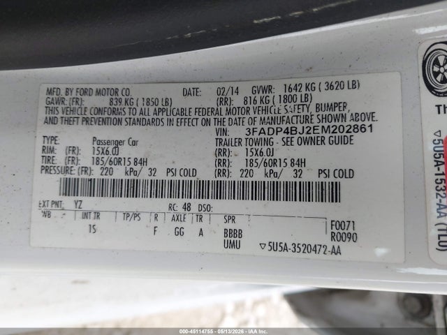 45114755 :رقم المزاد ، 3FADP4BJ2EM202861 vin ، 2014 Ford Fiesta Se مزاد بيع