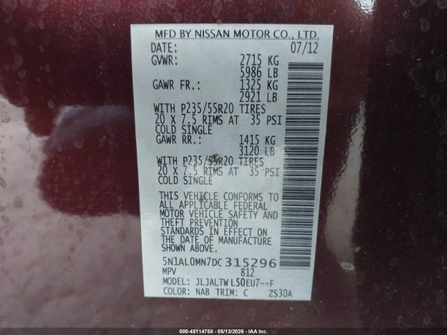 Aukcja sprzedaży 2013 Infiniti Jx35, vin: 5N1AL0MN7DC315296, numer aukcji: 45114758