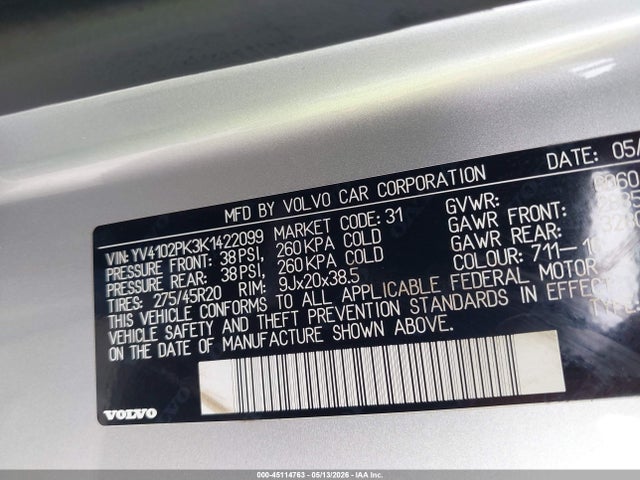 2019 Volvo Xc90 T5 Momentum მანქანა იყიდება აუქციონზე, vin: YV4102PK3K1422099, აუქციონის ნომერი: 45114763