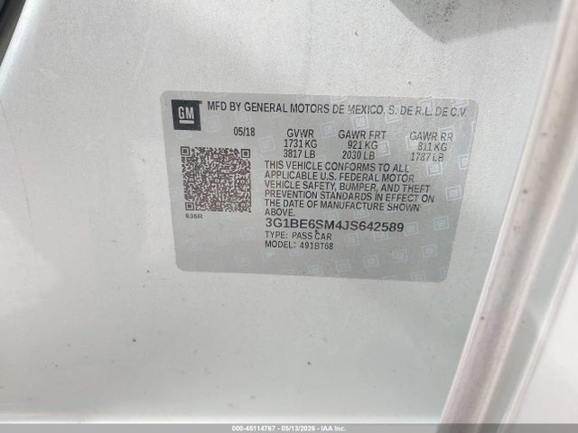 45114767 :رقم المزاد ، 3G1BE6SM4JS642589 vin ، 2018 Chevrolet Cruze Lt Auto مزاد بيع