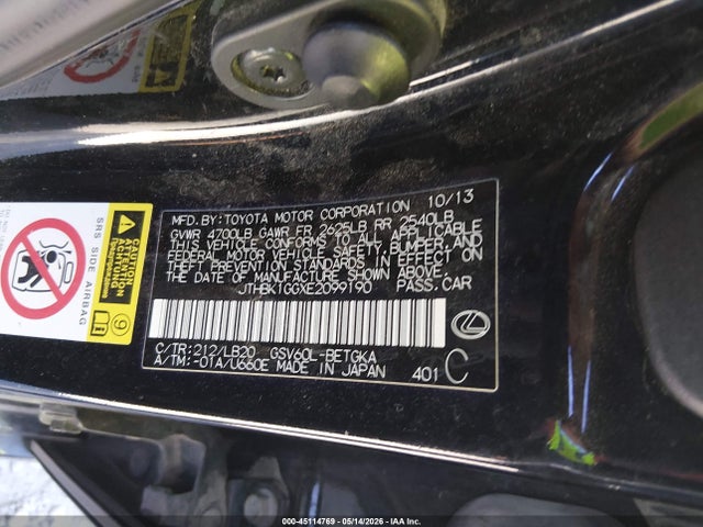 2014 Lexus Es 350 მანქანა იყიდება აუქციონზე, vin: JTHBK1GGXE2099190, აუქციონის ნომერი: 45114769