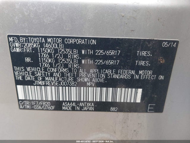 Aukcja sprzedaży 2014 Toyota Rav4 Le, vin: JTMBFREV5EJ007382, numer aukcji: 45114782