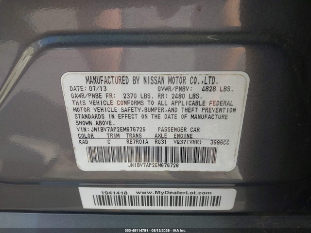 Продаж на аукціоні авто 2014 Infiniti Q50 Premium, vin: JN1BV7AP2EM676726, номер лоту: 45114791
