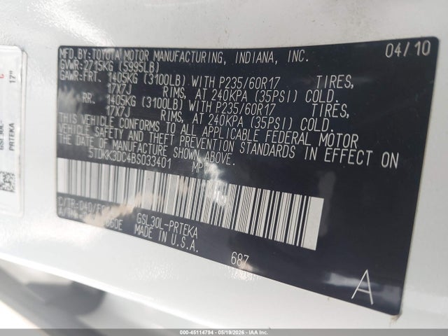 2011 Toyota Sienna Le V6 მანქანა იყიდება აუქციონზე, vin: 5TDKK3DC4BS033401, აუქციონის ნომერი: 45114794