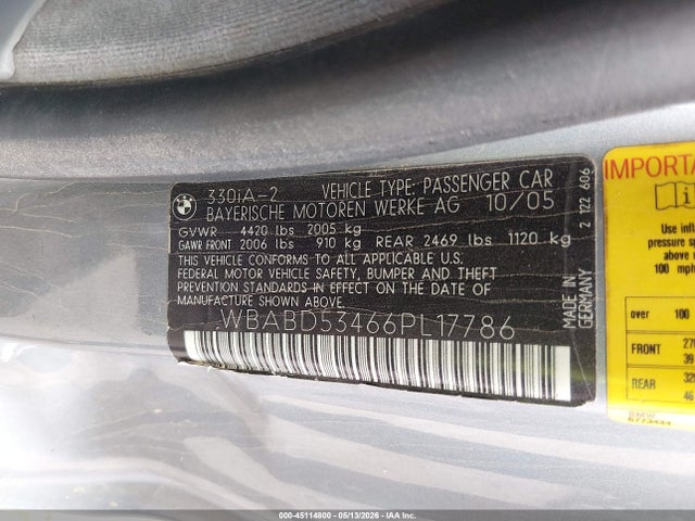 2006 Bmw 330ci მანქანა იყიდება აუქციონზე, vin: WBABD53466PL17786, აუქციონის ნომერი: 45114800