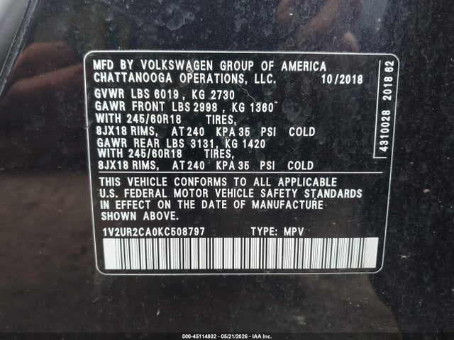 2019 Volkswagen Atlas 3.6l V6 Se W/technology მანქანა იყიდება აუქციონზე, vin: 1V2UR2CA0KC508797, აუქციონის ნომერი: 45114802