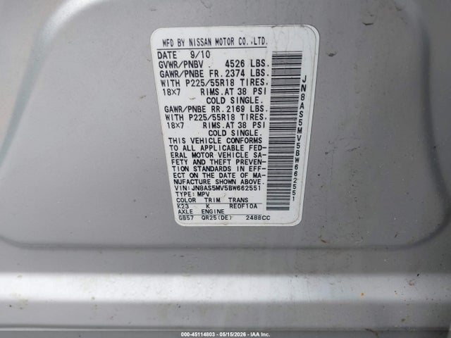 Aukcja sprzedaży 2011 Nissan Rogue Sv, vin: JN8AS5MV5BW662551, numer aukcji: 45114803