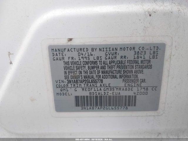 Aukcja sprzedaży 2016 Nissan Sentra Fe+ S/s/sl/sr/sv, vin: 3N1AB7AP2GL655778, numer aukcji: 45114804