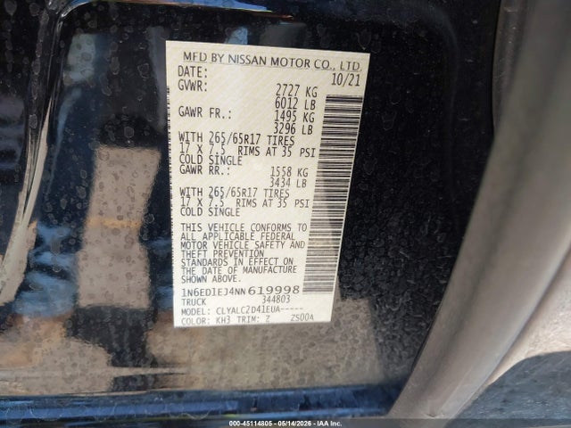Aukcja sprzedaży 2022 Nissan Frontier Sv 4x2, vin: 1N6ED1EJ4NN619998, numer aukcji: 45114805