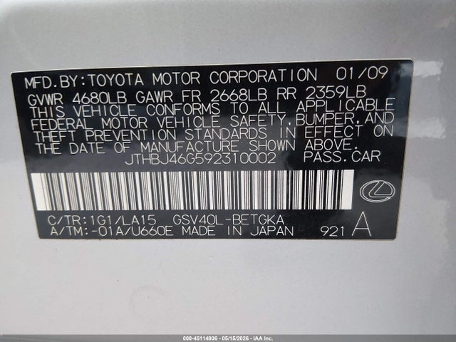 Aukcja sprzedaży 2009 Lexus Es 350, vin: JTHBJ46G592310002, numer aukcji: 45114806