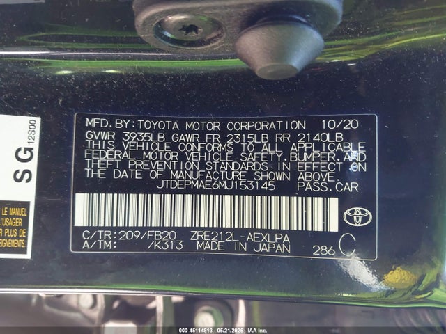 Продаж на аукціоні авто 2021 Toyota Corolla Le, vin: JTDEPMAE6MJ153145, номер лоту: 45114813