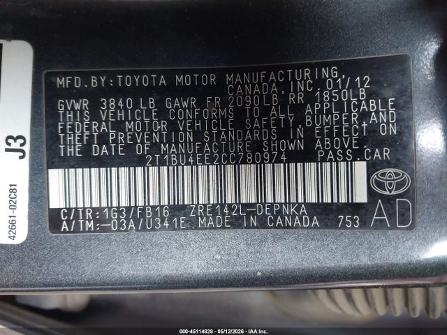 Продаж на аукціоні авто 2012 Toyota Corolla Le, vin: 2T1BU4EE2CC780974, номер лоту: 45114828