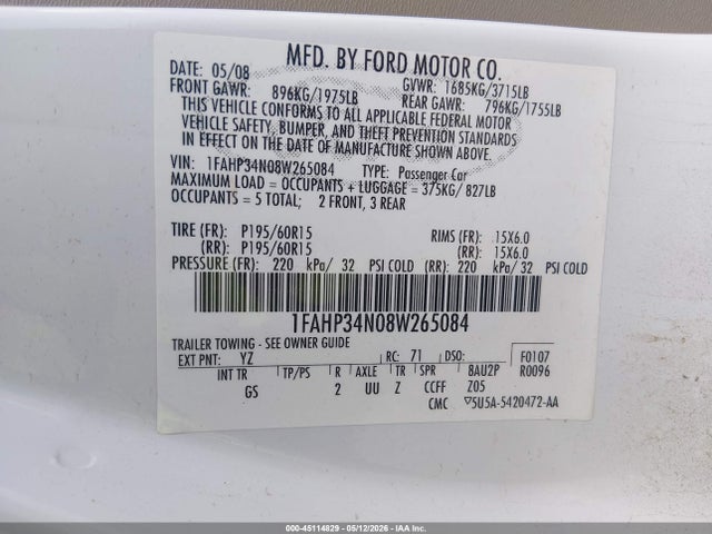 Aukcja sprzedaży 2008 Ford Focus S, vin: 1FAHP34N08W265084, numer aukcji: 45114829