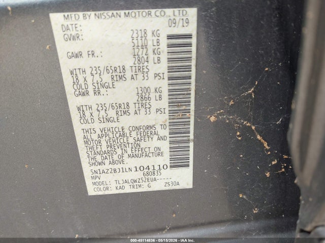 Продажа на аукционе авто 2020 Nissan Murano Sv Fwd, vin: 5N1AZ2BJ1LN104110, номер лота: 45114836