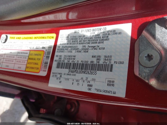 Продаж на аукціоні авто 2017 Ford Fusion Hybrid Se, vin: 3FA6P0LU0HR262655, номер лоту: 45114839