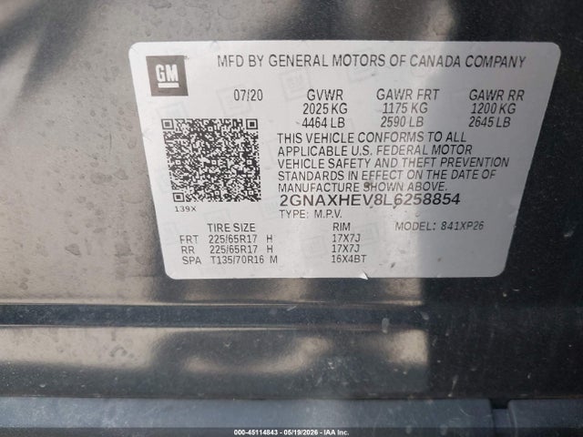 Продажа на аукционе авто 2020 Chevrolet Equinox Fwd Ls, vin: 2GNAXHEV8L6258854, номер лота: 45114843