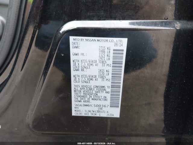 Aukcja sprzedaży 2015 Infiniti Qx60, vin: 5N1AL0MM6FC500367, numer aukcji: 45114859