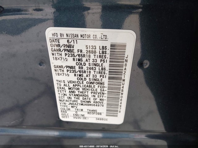 45114868 :رقم المزاد ، JN8AZ1MU4BW064978 vin ، 2011 Nissan Murano Sl مزاد بيع