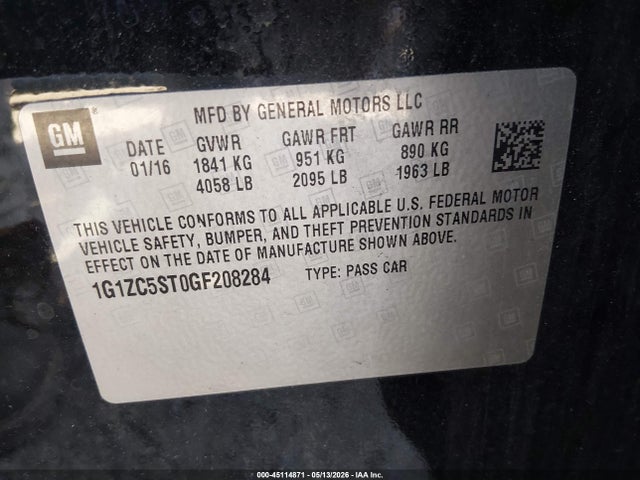 45114871 :رقم المزاد ، 1G1ZC5ST0GF208284 vin ، 2016 Chevrolet Malibu 1fl مزاد بيع