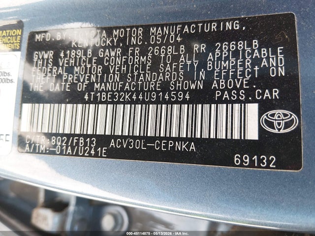 Продаж на аукціоні авто 2004 Toyota Camry Le, vin: 4T1BE32K44U914594, номер лоту: 45114875