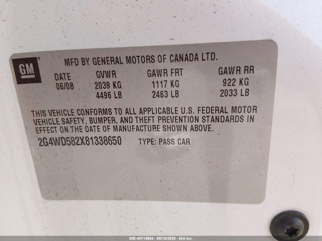 Aukcja sprzedaży 2008 Buick Lacrosse Cxl, vin: 2G4WD582X81338650, numer aukcji: 45114884
