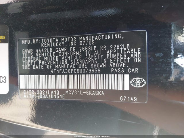 45114883 :رقم المزاد ، 4T1FA38P06U079659 vin ، 2006 Toyota Camry Solara Sle مزاد بيع