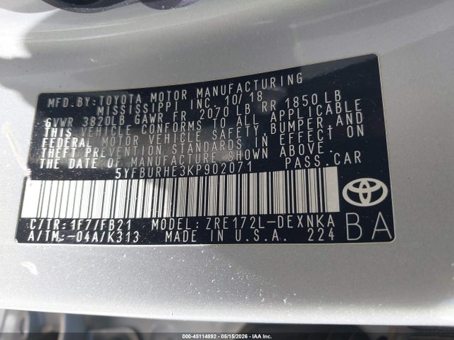 Продажа на аукционе авто 2019 Toyota Corolla Le, vin: 5YFBURHE3KP902071, номер лота: 45114892