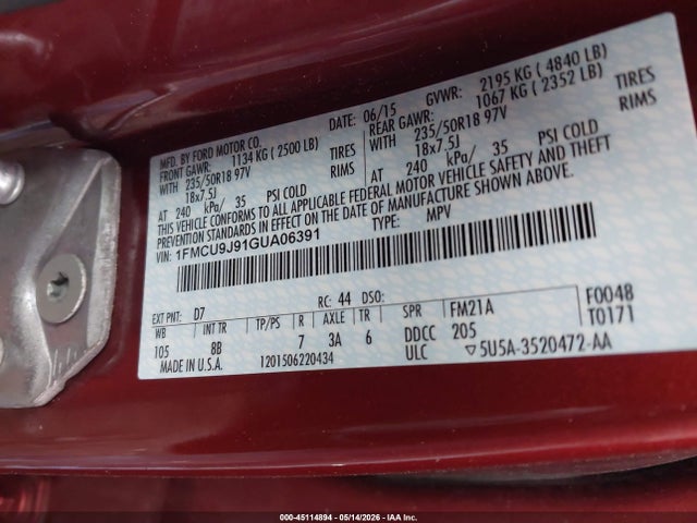 Продажа на аукционе авто 2016 Ford Escape Titanium, vin: 1FMCU9J91GUA06391, номер лота: 45114894